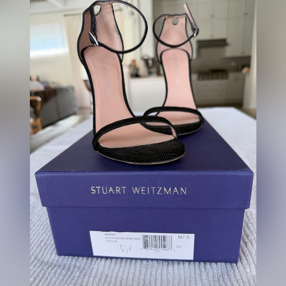 Stuart Weitzman Nudust Heels in Black Goosebump Leather